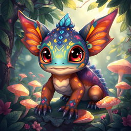 A detailed illustration of a fantastical creature resembling a unique and vibrant 'peia', adorned with colorful scales, large expressive eyes, and intricate patterns of luminescent markings
