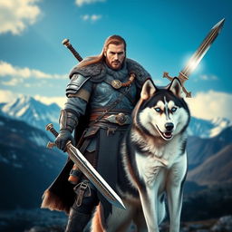 A dynamic and action-packed scene featuring a valiant warrior brandishing two ornate swords, standing confidently beside a striking Siberian Husky