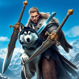 A dynamic and action-packed scene featuring a valiant warrior brandishing two ornate swords, standing confidently beside a striking Siberian Husky