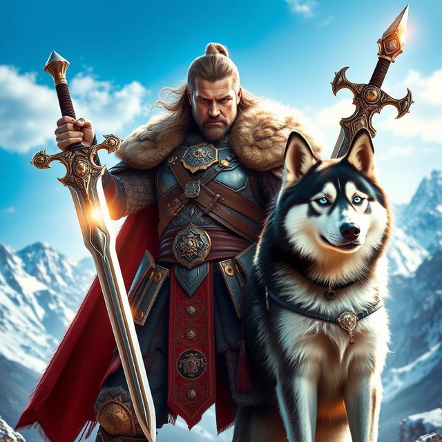 A dynamic and action-packed scene featuring a valiant warrior brandishing two ornate swords, standing confidently beside a striking Siberian Husky