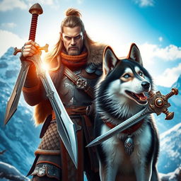 A dynamic and action-packed scene featuring a valiant warrior brandishing two ornate swords, standing confidently beside a striking Siberian Husky
