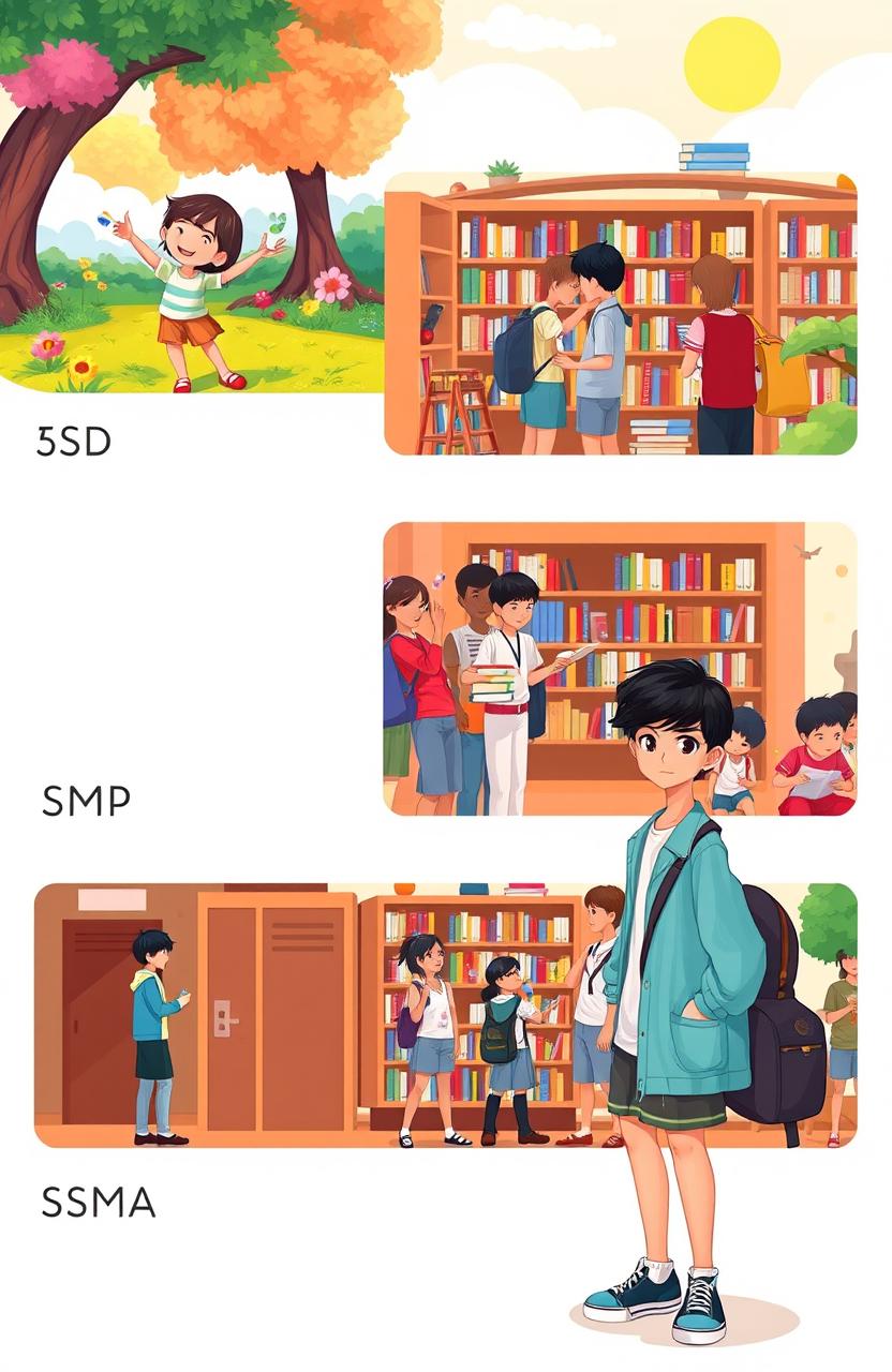 A vibrant and nostalgic scene illustrating the journey of self-discovery during the school years of SD (Elementary School), SMP (Junior High School), and SMA (High School)