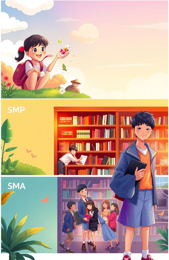 A vibrant and nostalgic scene illustrating the journey of self-discovery during the school years of SD (Elementary School), SMP (Junior High School), and SMA (High School)