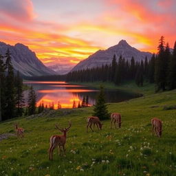 A picturesque mountain landscape at sunrise, with vibrant orange and pink skies reflecting off a serene lake surrounded by towering pine trees