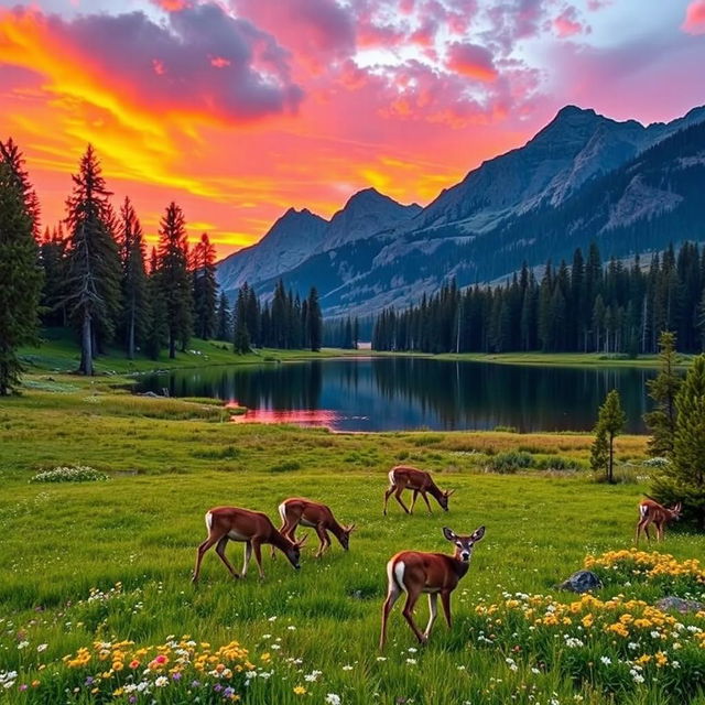 A picturesque mountain landscape at sunrise, with vibrant orange and pink skies reflecting off a serene lake surrounded by towering pine trees