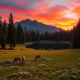 A picturesque mountain landscape at sunrise, with vibrant orange and pink skies reflecting off a serene lake surrounded by towering pine trees