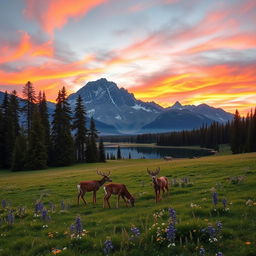 A picturesque mountain landscape at sunrise, with vibrant orange and pink skies reflecting off a serene lake surrounded by towering pine trees