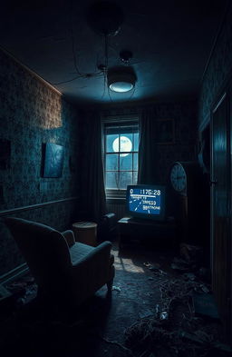 A dimly lit creepy apartment interior, featuring peeling wallpaper, flickering fluorescent lights, and scattered clutter