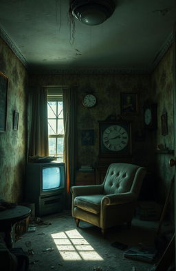 A dimly lit creepy apartment interior, featuring peeling wallpaper, flickering fluorescent lights, and scattered clutter