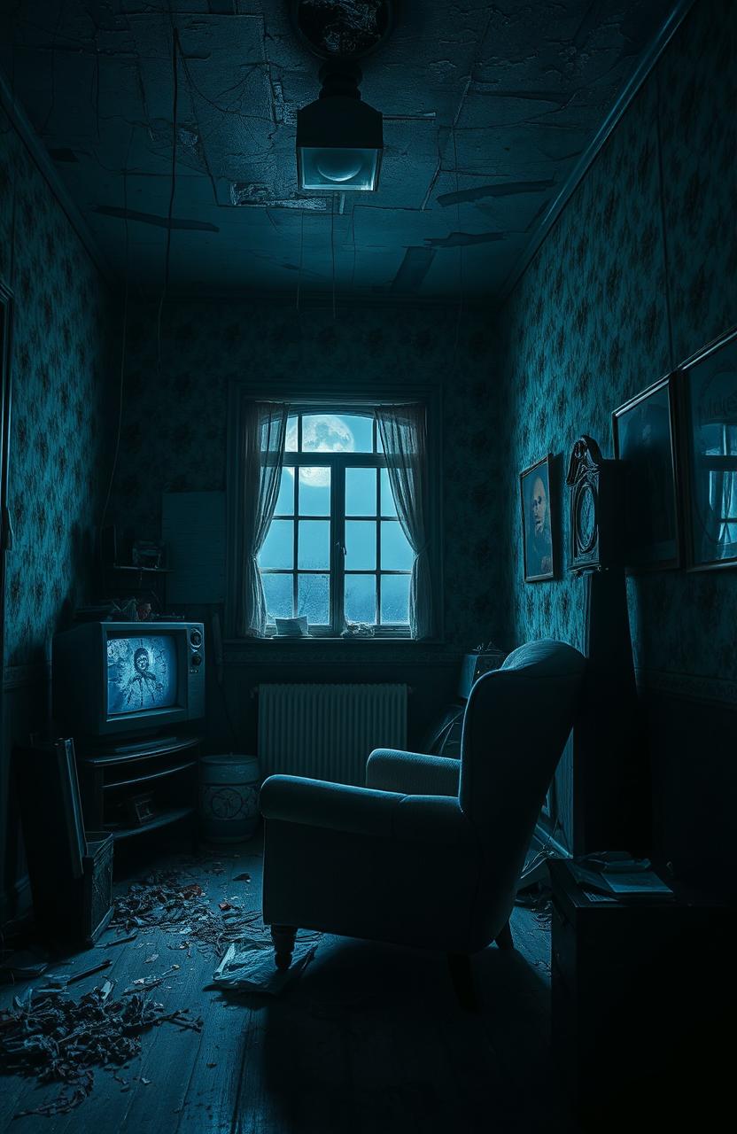 A dimly lit creepy apartment interior, featuring peeling wallpaper, flickering fluorescent lights, and scattered clutter