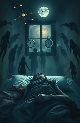 A surreal representation of insomnia, featuring a person lying in bed with wide-open eyes, illuminated by glowing stars and moonlight filtering through a window