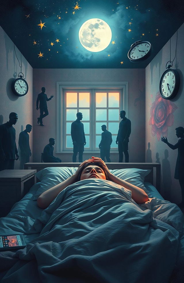 A surreal representation of insomnia, featuring a person lying in bed with wide-open eyes, illuminated by glowing stars and moonlight filtering through a window