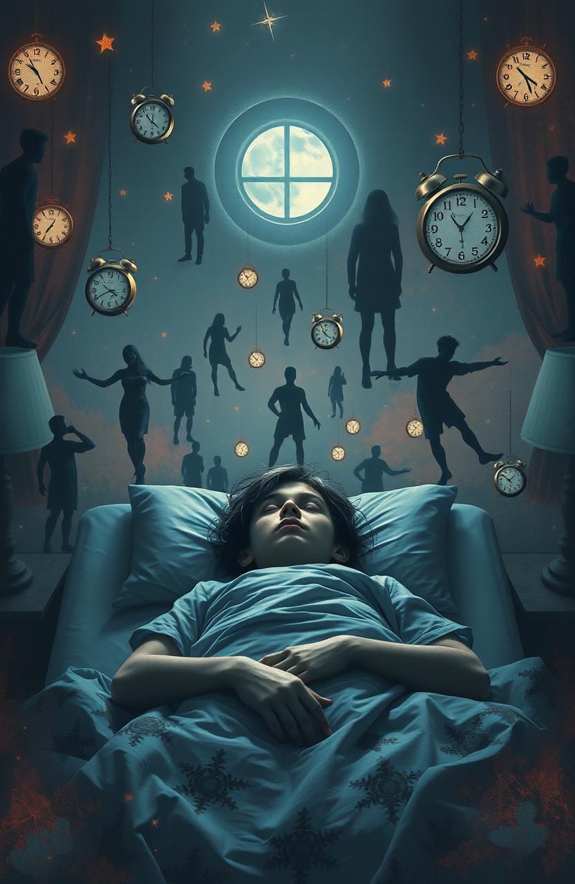 A surreal representation of insomnia, featuring a person lying in bed with wide-open eyes, illuminated by glowing stars and moonlight filtering through a window