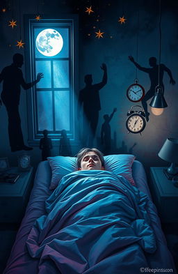 A surreal representation of insomnia, featuring a person lying in bed with wide-open eyes, illuminated by glowing stars and moonlight filtering through a window