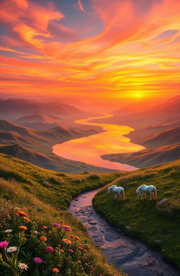 A surreal landscape featuring a never-ending horizon, where rolling hills blend seamlessly into a vibrant sunset