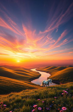 A surreal landscape featuring a never-ending horizon, where rolling hills blend seamlessly into a vibrant sunset