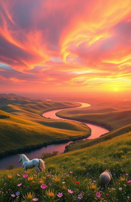 A surreal landscape featuring a never-ending horizon, where rolling hills blend seamlessly into a vibrant sunset