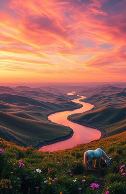 A surreal landscape featuring a never-ending horizon, where rolling hills blend seamlessly into a vibrant sunset