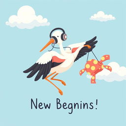 A whimsical illustration of a stork wearing headphones, gracefully flying through the sky