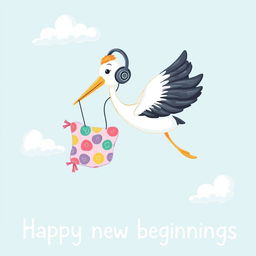 A whimsical illustration of a stork wearing headphones, gracefully flying through the sky