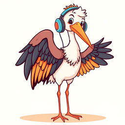 A charming illustration of a stork wearing headphones, standing gracefully