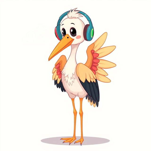 A charming illustration of a stork wearing headphones, standing gracefully