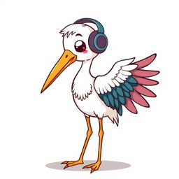 A charming illustration of a stork wearing headphones, standing gracefully