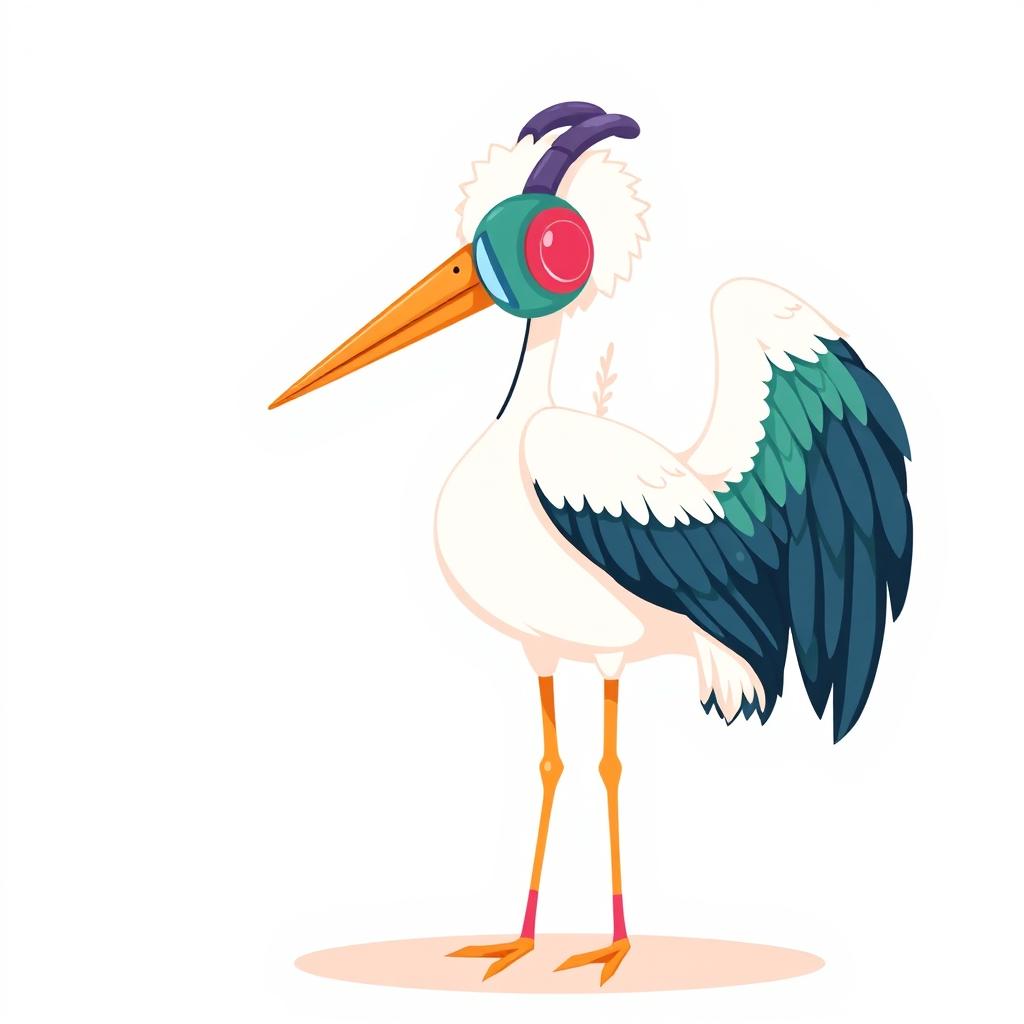 A charming illustration of a stork wearing headphones, standing gracefully