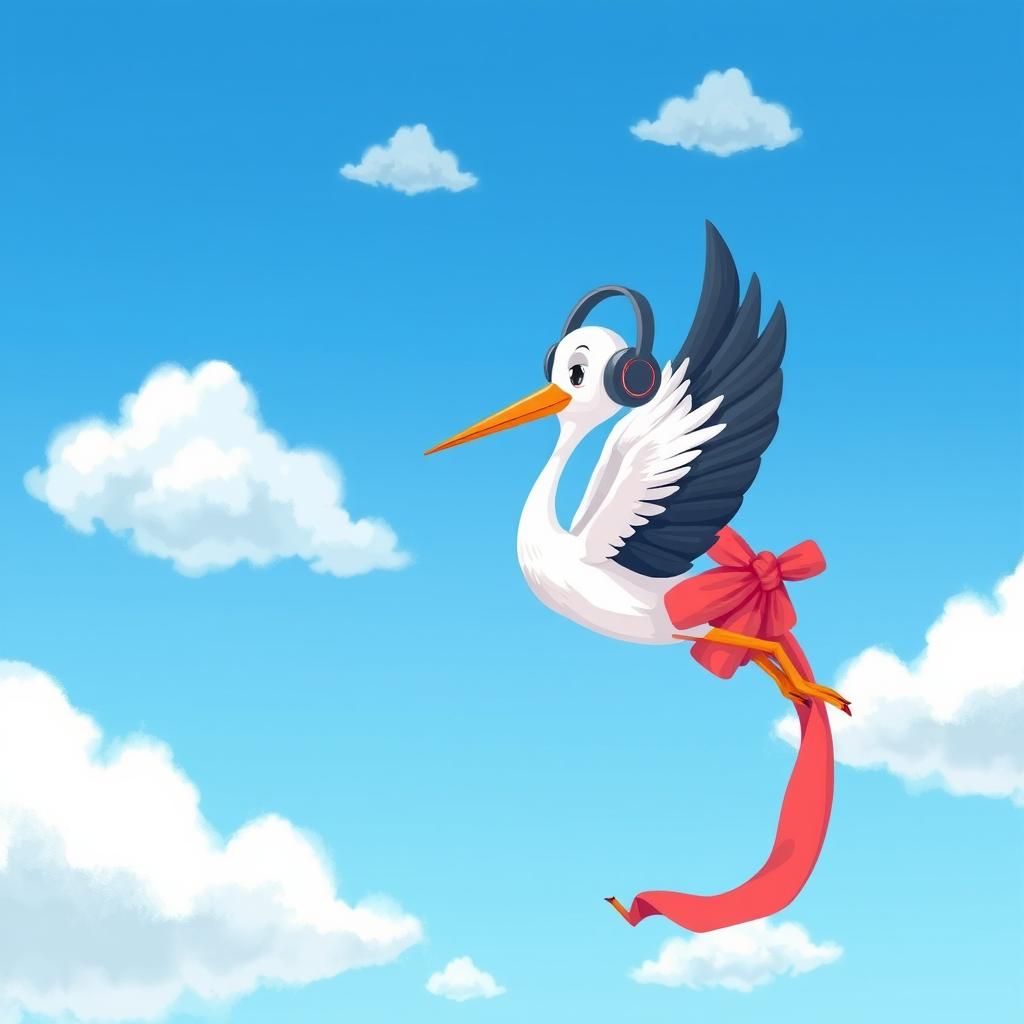 A delightful illustration of a stork flying gracefully through the sky, wearing stylish headphones