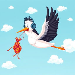 A delightful illustration of a stork flying gracefully through the sky, wearing stylish headphones