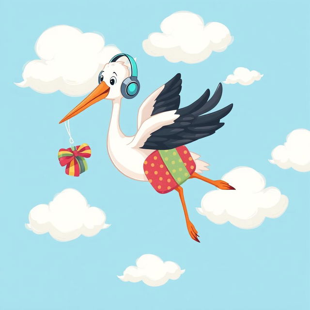 A delightful illustration of a stork flying gracefully through the sky, wearing stylish headphones