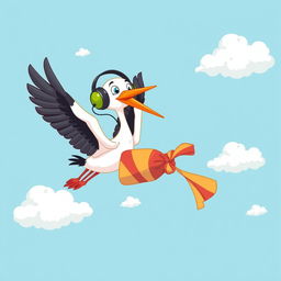 A delightful illustration of a stork flying gracefully through the sky, wearing stylish headphones