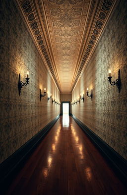 An infinite hallway stretching endlessly into the distance, adorned with intricate, vintage wallpaper in muted colors