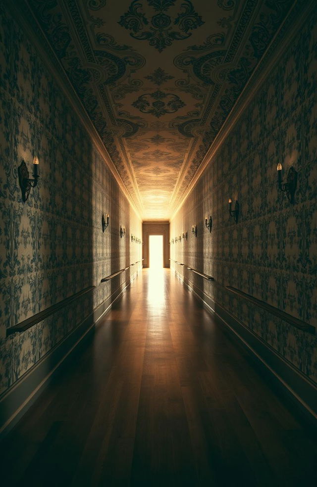 An infinite hallway stretching endlessly into the distance, adorned with intricate, vintage wallpaper in muted colors