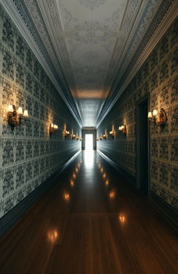 An infinite hallway stretching endlessly into the distance, adorned with intricate, vintage wallpaper in muted colors