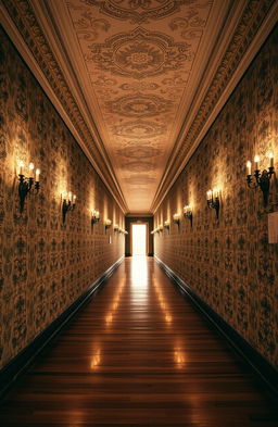 An infinite hallway stretching endlessly into the distance, adorned with intricate, vintage wallpaper in muted colors
