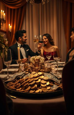 A visually stunning scene featuring a romantic dinner setup surrounded by luxurious decor, with a focus on a pile of shimmering gold coins and extravagant banknotes elegantly displayed on the table
