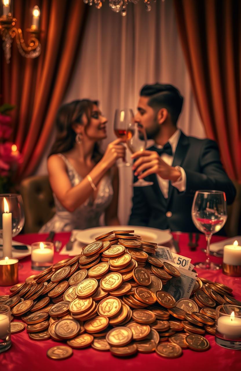 A visually stunning scene featuring a romantic dinner setup surrounded by luxurious decor, with a focus on a pile of shimmering gold coins and extravagant banknotes elegantly displayed on the table