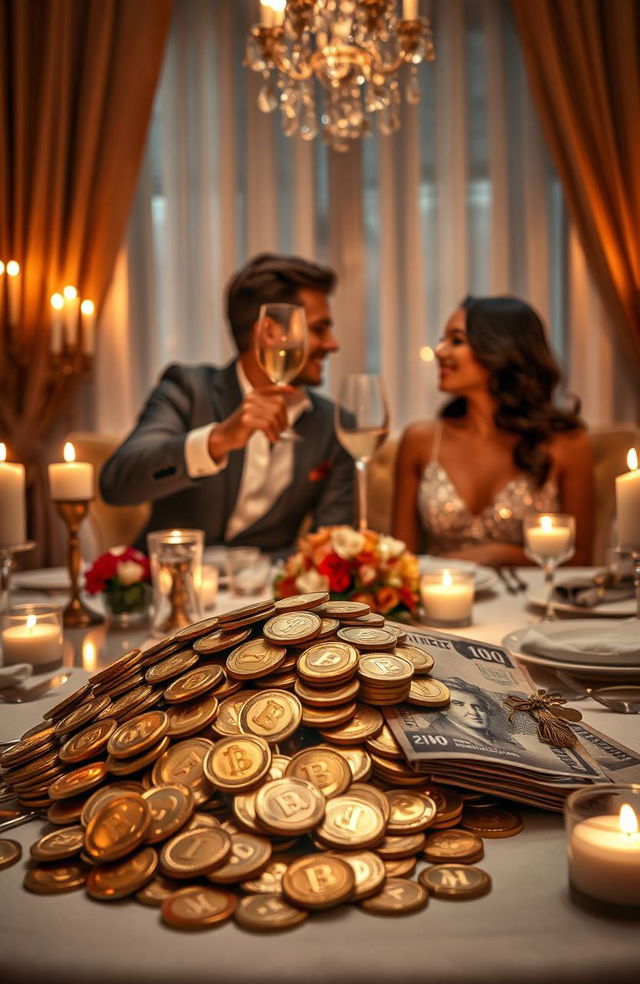 A visually stunning scene featuring a romantic dinner setup surrounded by luxurious decor, with a focus on a pile of shimmering gold coins and extravagant banknotes elegantly displayed on the table