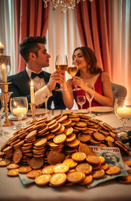 A visually stunning scene featuring a romantic dinner setup surrounded by luxurious decor, with a focus on a pile of shimmering gold coins and extravagant banknotes elegantly displayed on the table