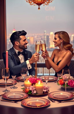 A romantic and glamorous scene depicting two people on a luxurious dinner date, seated at an elegantly set table with fine dining plates and crystal glassware