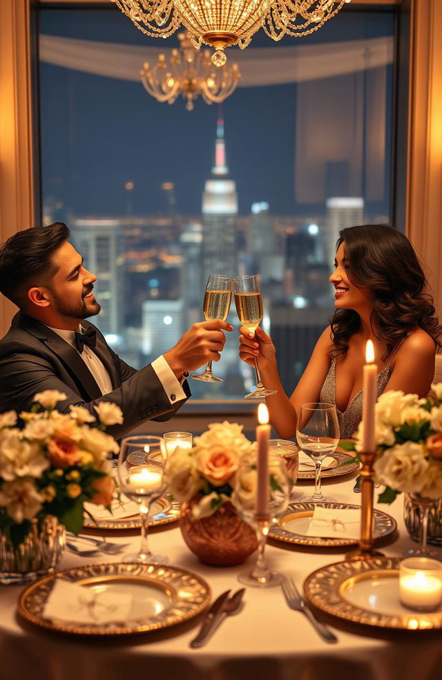 A romantic and glamorous scene depicting two people on a luxurious dinner date, seated at an elegantly set table with fine dining plates and crystal glassware