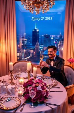 A romantic and glamorous scene depicting two people on a luxurious dinner date, seated at an elegantly set table with fine dining plates and crystal glassware