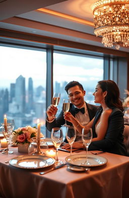 A romantic and glamorous scene depicting two people on a luxurious dinner date, seated at an elegantly set table with fine dining plates and crystal glassware