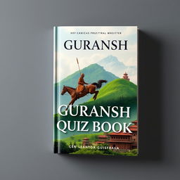 A captivating and subtle book cover design for the 'Guransh Quiz Book,' featuring an eye-catching depiction of a significant historic moment in Nepal, such as the unification of Nepal with King Prithvi Narayan Shah leading the charge against adversaries, surrounded by lush green hills and traditional Nepali architecture
