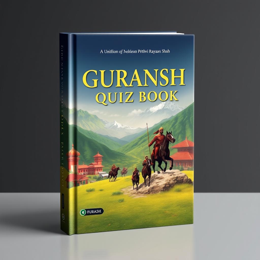 A captivating and subtle book cover design for the 'Guransh Quiz Book,' featuring an eye-catching depiction of a significant historic moment in Nepal, such as the unification of Nepal with King Prithvi Narayan Shah leading the charge against adversaries, surrounded by lush green hills and traditional Nepali architecture