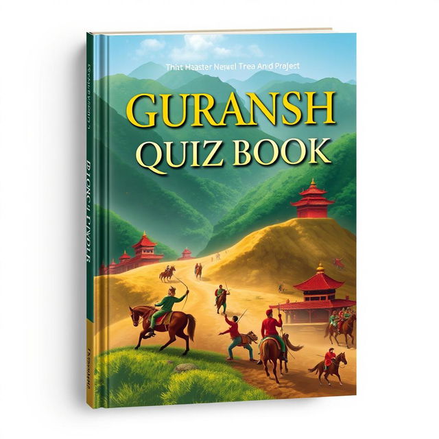 A captivating and subtle book cover design for the 'Guransh Quiz Book,' featuring an eye-catching depiction of a significant historic moment in Nepal, such as the unification of Nepal with King Prithvi Narayan Shah leading the charge against adversaries, surrounded by lush green hills and traditional Nepali architecture