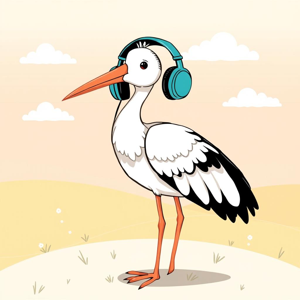 A delightful illustration of a traditional stork, known for delivering babies, wearing stylish headphones