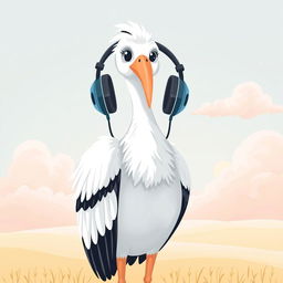 A delightful illustration of a traditional stork, known for delivering babies, wearing stylish headphones