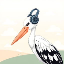 A delightful illustration of a traditional stork, known for delivering babies, wearing stylish headphones